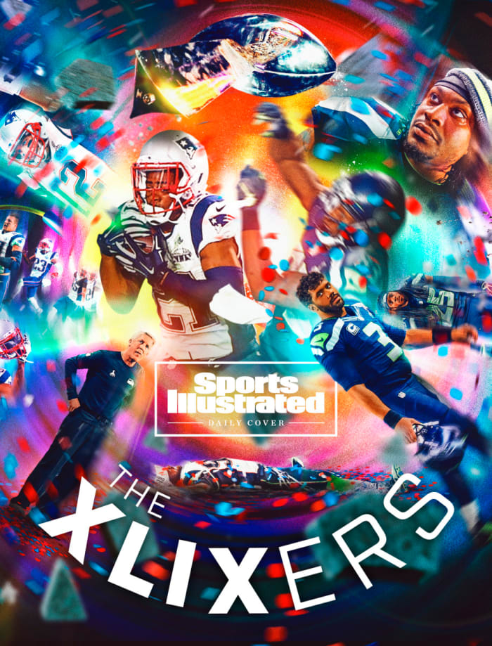 A photo illustration of Seahawks and Patriots players during Super Bowl 49
